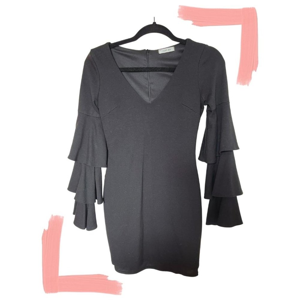 {Just Me} Black Cocktail Dress - Bell Sleeve